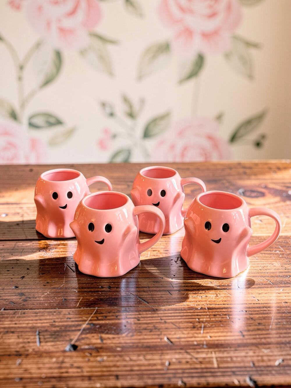 Set of 4 Pink Ghost Mugs Ceramic Halloween Coffee Cups NWOT Spooky Decor
